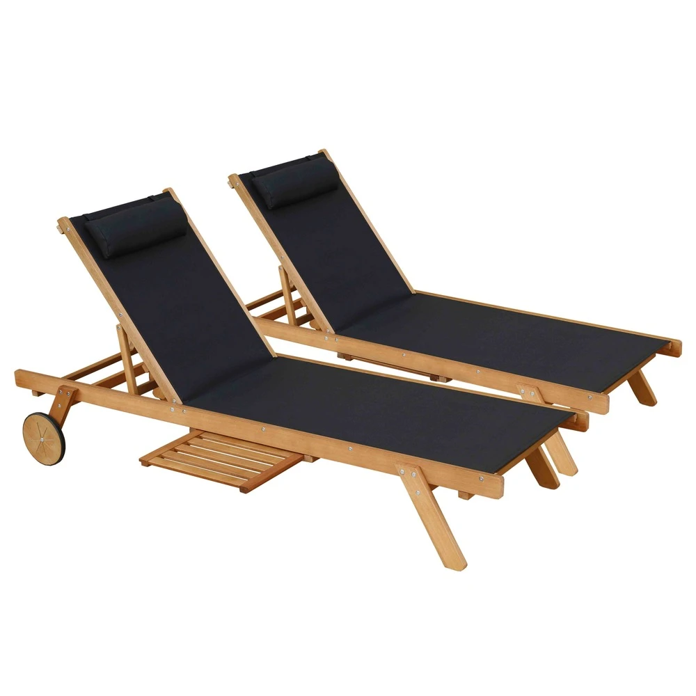 Lot De 2 Bains De Soleil Avec Coussin Et Tablette En Bois Noir 1 Lot De 2 Bains De Soleil Avec Coussin Et Tablette En Bois Noir
