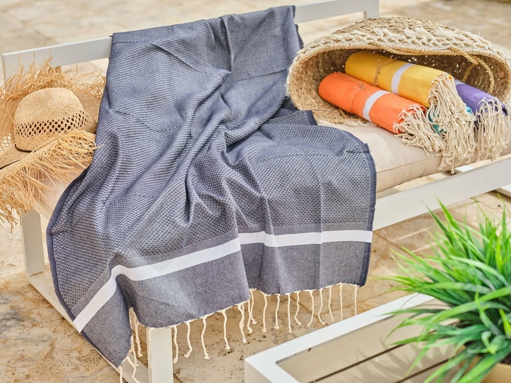 Fouta En Coton Tissage Nid D'abeille Spa 100x200cm Bleu Marine 2 Fouta En Coton Tissage Nid D'abeille Spa 100x200cm Bleu Marine – Image 2