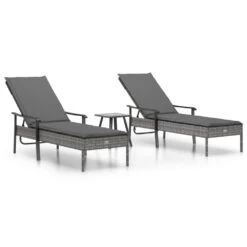 VIDAXL Chaises Longues 2pcs Avec Table Et Coussins Gris Résine Tressée
