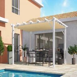 Pergola 100% Aluminium Coloris Blanc 12m² Avec Toile D'ombrage écru 140gr/m² HABRITA