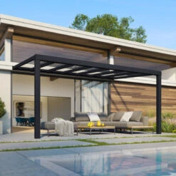 Pergola Adossée Stockholm 350x515cm Aluminium Gris Et Polycarbonate Avec Stores De Toit Rétractables – Palram - Canopia -Mobilier De Jardin pergola adossee stockholm 350x515cm aluminium gris et polycarbonate avec stores de toit retractables palram 2