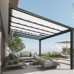 Pergola Adossée Stockholm 350x515cm Aluminium Gris Et Polycarbonate Avec Stores De Toit Rétractables – Palram - Canopia -Mobilier De Jardin pergola adossee stockholm 350x515cm aluminium gris et polycarbonate avec stores de toit retractables palram 4