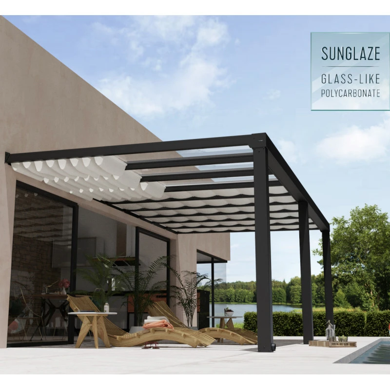 Pergola Adossée Stockholm 350x660cm Aluminium Gris Et Polycarbonate Avec Stores De Toit Rétractables – Palram - Canopia 3 Pergola Adossée Stockholm 350x660cm Aluminium Gris Et Polycarbonate Avec Stores De Toit Rétractables – Palram - Canopia – Image 3