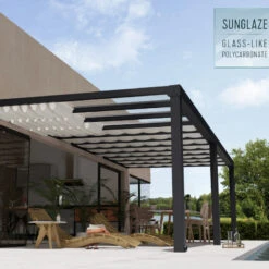 Pergola Adossée Stockholm 350x810cm Aluminium Gris Et Polycarbonate Avec Stores De Toit Rétractables – Palram - Canopia -Mobilier De Jardin pergola adossee stockholm 350x810cm aluminium gris et polycarbonate avec stores de toit retractables palram 3