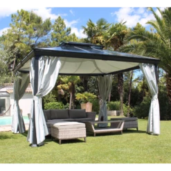Pergola Autoportante 300x360cm En Aluminium Avec Rideaux Latéraux Et Toile De Toit - OPALE - Couleurs Du Monde
