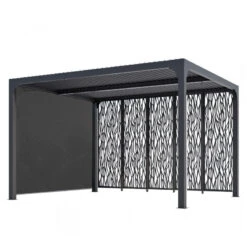 Pergola Bioclimatique Alu Anthracite 10,80m² Toit Avec Lames Ovales Alu + 5 Panneaux Moucharabieh + 1 Rideau Gris – HABRITA -Mobilier De Jardin pergola bioclimatique alu anthracite 1080m toit avec lames ovales alu 5 panneaux moucharabieh 1 rideau gris habrita 2