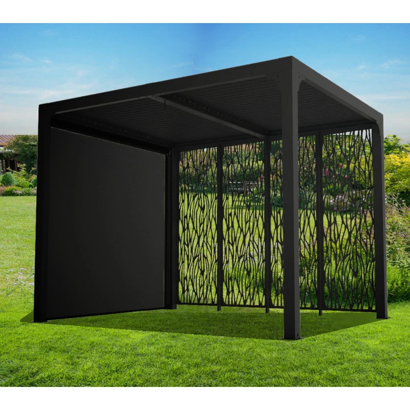 Pergola Bioclimatique Alu Anthracite 7,20m² Toit Avec Lames Ovales + 4 Panneaux Moucharabieh + 1 Rideau Gris – HABRITA 1 Pergola Bioclimatique Alu Anthracite 7,20m² Toit Avec Lames Ovales + 4 Panneaux Moucharabieh + 1 Rideau Gris – HABRITA