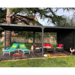 Pergola Bioclimatique Aluminium Anthracite 21,52m² + Toit Avec Lames Ovales + 1 Rideau Pour Côté 3,60m HABRITA -Mobilier De Jardin pergola bioclimatique aluminium anthracite 2152m toit avec lames ovales 1 rideau pour cote 360m habrita 2
