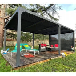 Pergola Bioclimatique Aluminium Anthracite 21,52m² + Toit Avec Lames Ovales + 1 Rideau Pour Côté 3,60m HABRITA -Mobilier De Jardin pergola bioclimatique aluminium anthracite 2152m toit avec lames ovales 1 rideau pour cote 360m habrita 4