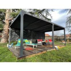 Pergola Bioclimatique Aluminium Anthracite 21,52m² + Toit Avec Lames Ovales + 2 Rideaux Pour Côté 5,98m HABRITA -Mobilier De Jardin pergola bioclimatique aluminium anthracite 2152m toit avec lames ovales 2 rideaux pour cote 598m habrita 5