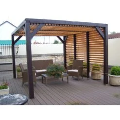 Pergola En Bois Avec Ventelles Amovibles Sur Toiture + 1 Côté 340x312x217cm Veneto