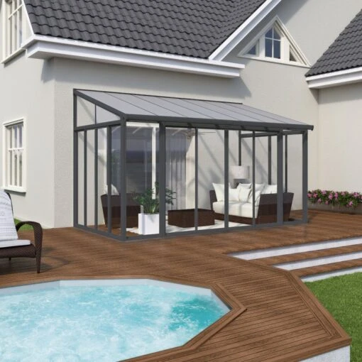 Véranda 300x425cm En Alu Gris Et Polycarbonate 8mm Sanremo - Palram - Canopia -Mobilier De Jardin veranda 300x425cm en alu gris et polycarbonate 8mm sanremo palram